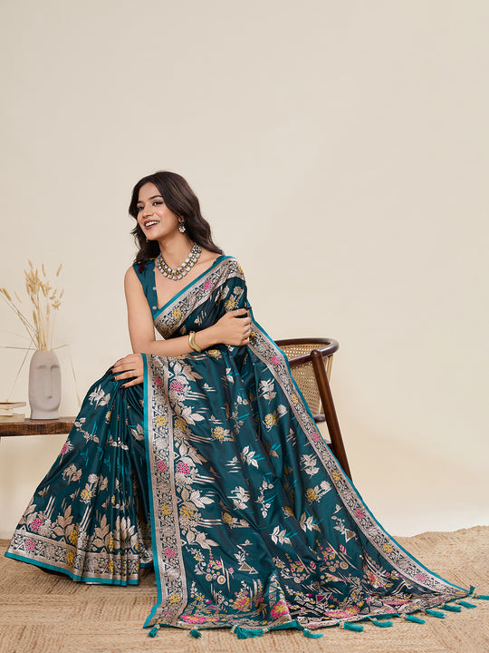 Teal Green Soft Silk Sarees Premium Two Tone Satin Fabric With Unique Pathani Type Designs Saree With Blouse Piece