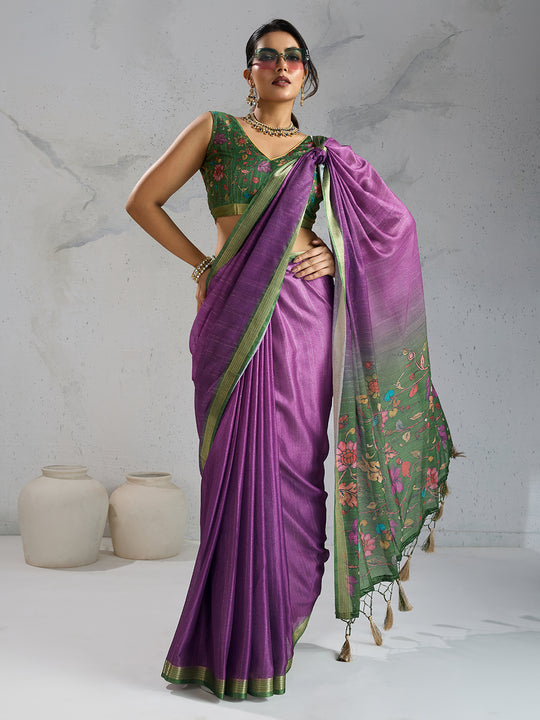 Pure Chiffon Digital Printed Woven Saree With Woven Border And Fancy Tassels
