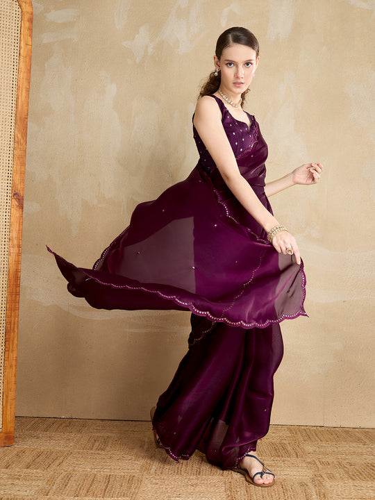 Embellished Mirror Work Organza Saree With Blouse Piece