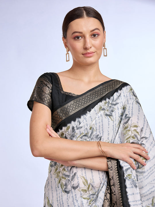 White & Black Dola Silk Saree With Blouse Piece