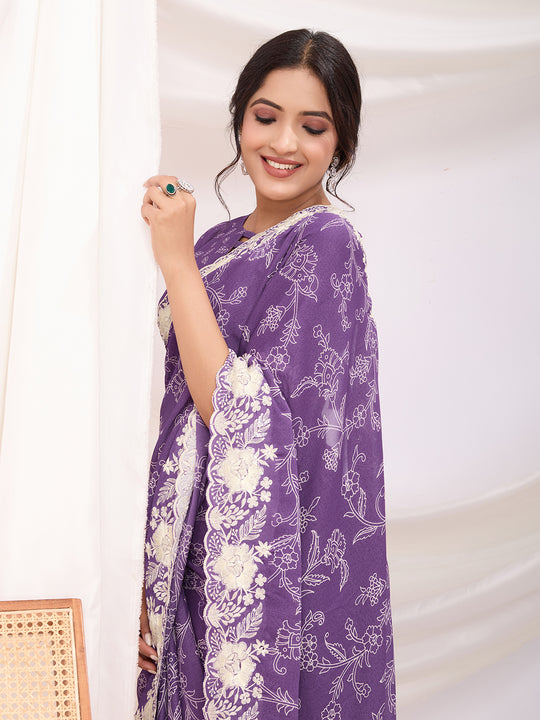 Purple Poly Georgette Festive Wear Saree With Blouse Piece