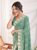 Sea Green Poly Georgette Festive Wear Saree With Blouse Piece