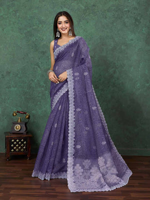 Purple Cotton Banarasi Printed Saree With Thread Embroidery Scalloping  Saree With Blouse Piece