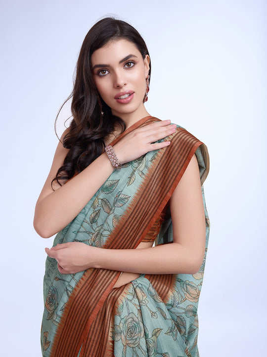 Teal Poly Silk Daily Wear Saree With Blouse Piece