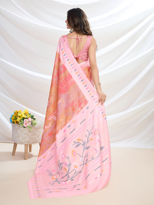 Coral Handloom Silk Festive Wear Saree With Blouse Piece