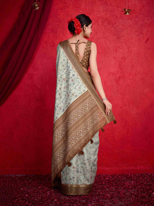 Green Pure Tussar Viscose Border Paisley Digital Printed  With Blouse Piece