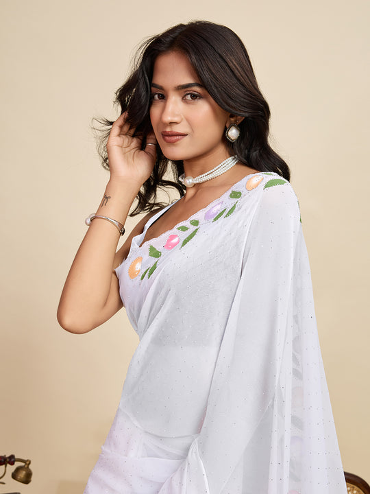 White Georgette Soft Silk Saree With Blouse Piece