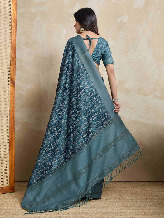 Blue Pure Handloom Tussar Woven Pallu Ajrakh Printed With Blouse Piece