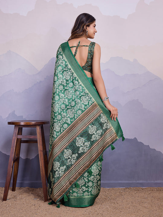 Teal Poly Silk Festival Saree With Blouse Piece