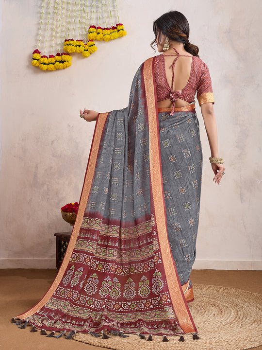 Grey Poly Crepe Festive Wear Saree With Blouse Piece