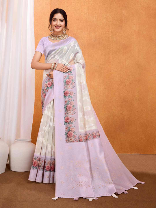 Purple Pure Cotton Lucknowi Woven Banarasi Saree With Ombre Floral Prints