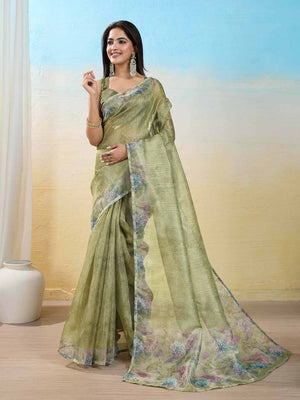 Olive-Green Organza Zari Woven Printed Saree With Hand-Sequence Embellishment Saree With Blouse Piece