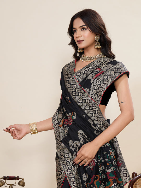 Black Cotton Saree With All Over Light Single Colour With Table Printed And Border Piping Saree With Blouse Piece