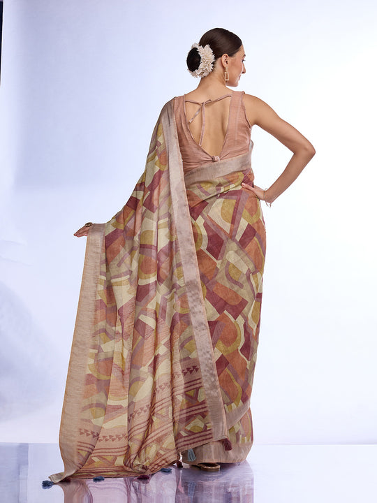 Brown Linen Blend Saree With Blouse Piece