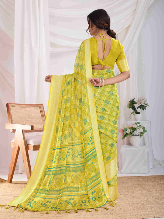 Green Pure Chiffon Viscose Border Block Printed Saree With Blouse Piece