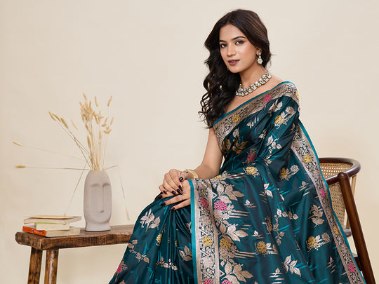 Teal Green Soft Silk Sarees Premium Two Tone Satin Fabric With Unique Pathani Type Designs Saree With Blouse Piece