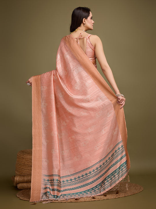 Orange Silk Blend Saree With Blouse Piece