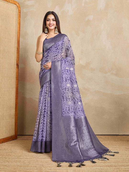Purple Pure Cotton Tie And Dye Printed Banarasi Rich Pallu Saree With Zari Tassels Saree With Blouse Piece