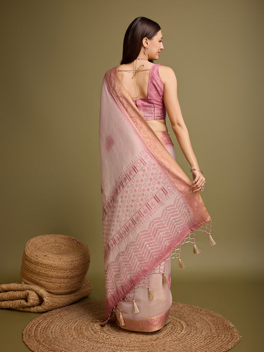 Pink Silk Blend Saree With Blouse Piece