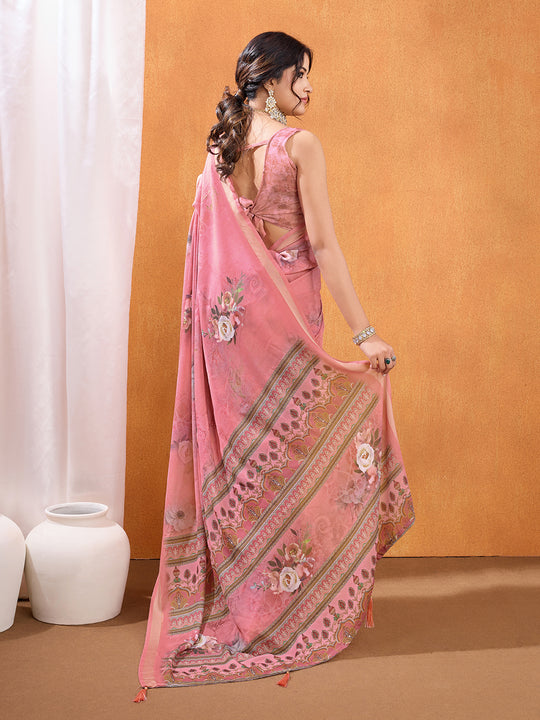 Pink Poly Crepe Party Wear Saree With Blouse Piece