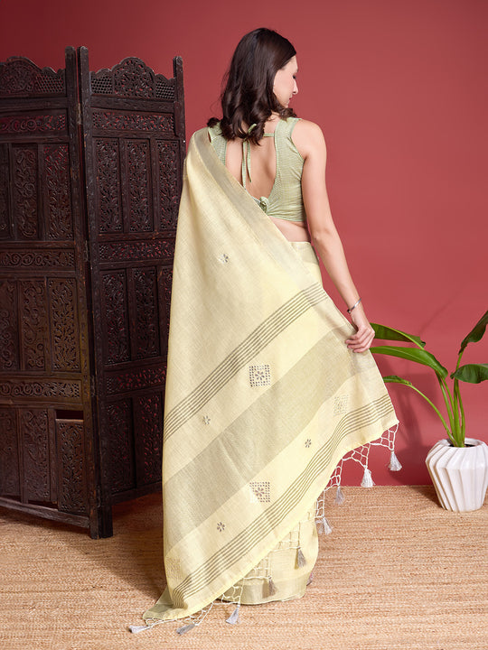 Yellow Linen Blend Saree With Blouse Piece