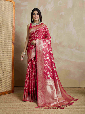 Red Pure Satin Banarasi Saree With Tassels Saree With Blouse Piece