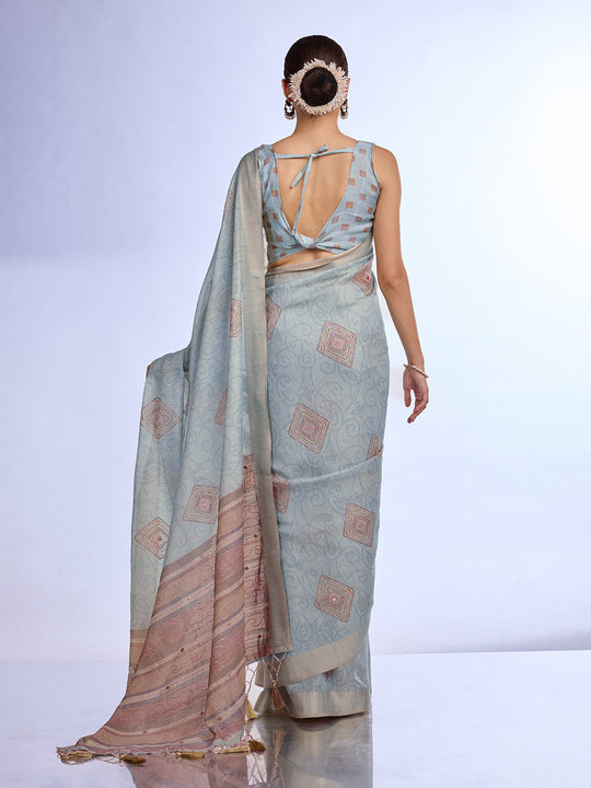 Turquoise Blue Tissue Saree With Blouse Piece