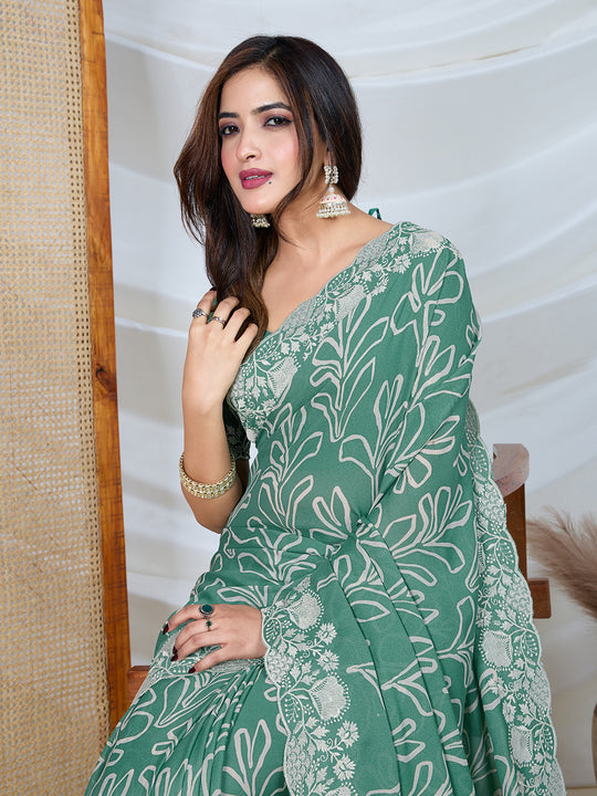 Poly Georgette Geometric Print Saree With Embroidery And Scaloping Work With Unstitched Blouse Piece