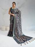 Poly Silk Woven Floral Digital Printed Saree With Woven Jacquard Border And Fancy Tassels