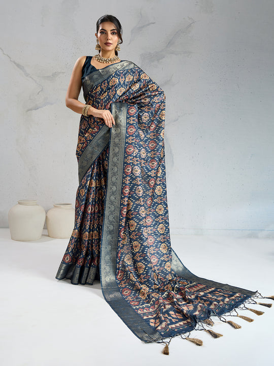 Poly Silk Woven Floral Digital Printed Saree With Woven Jacquard Border And Fancy Tassels