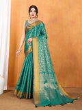 Seagreen Ikkat Woven Kajeevaram Silk Rich Pallu With Blouse Piece