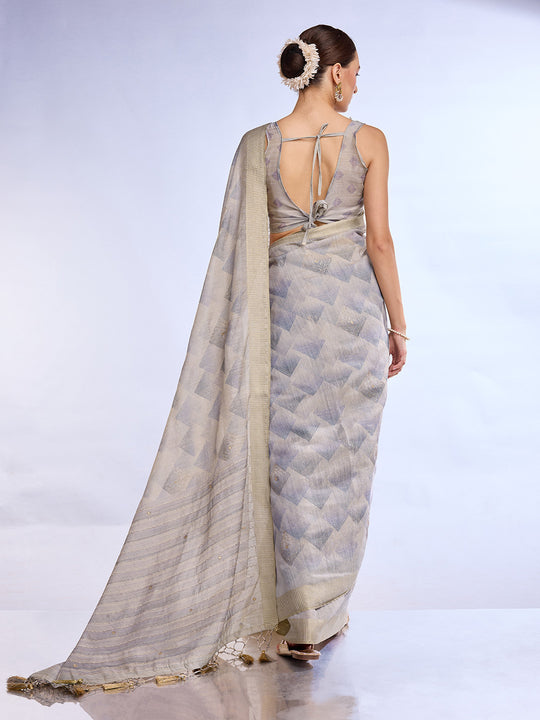 Grey Tissue Linen Blend Saree With Blouse Piece