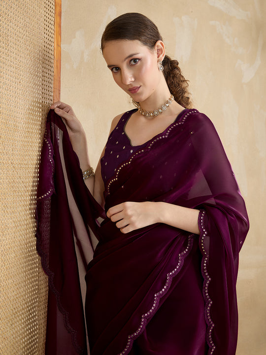 Embellished Mirror Work Organza Saree With Blouse Piece