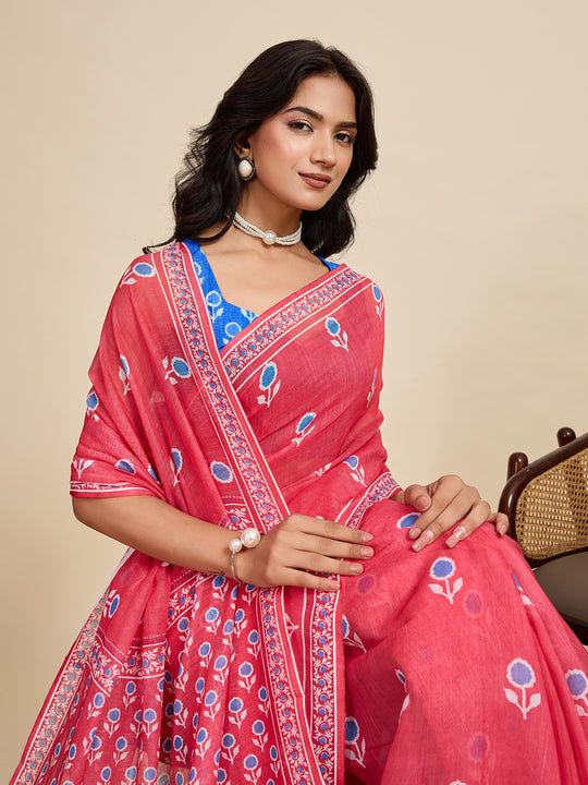 Red Linen Saree With Jari Border All Over Single Colour Printed Saree With Blouse Piece