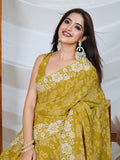Poly Georgette Geometric Print Saree With Embroidery And Scaloping Work With Unstitched Blouse Piece