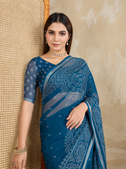 Pure Chiffon Bandhani Printed Saree With Viscose Woven Border And Blouse Piece