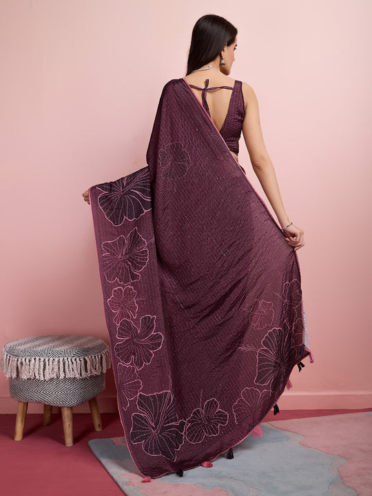 Burgundy Silk Blend Party Wear Saree With Blouse Piece
