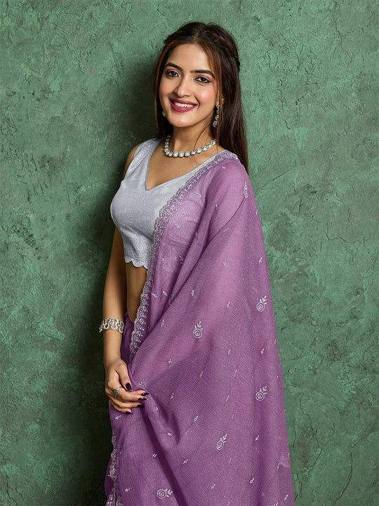 Pure Georgette Solid Embroidered Saree With Scalloping And Fancy Blouse