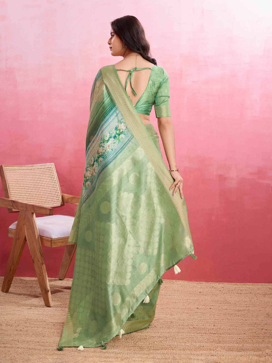 Turquoise Green Cotton Banarasi Woven Rich Pallu Printed Saree With Blouse Piece