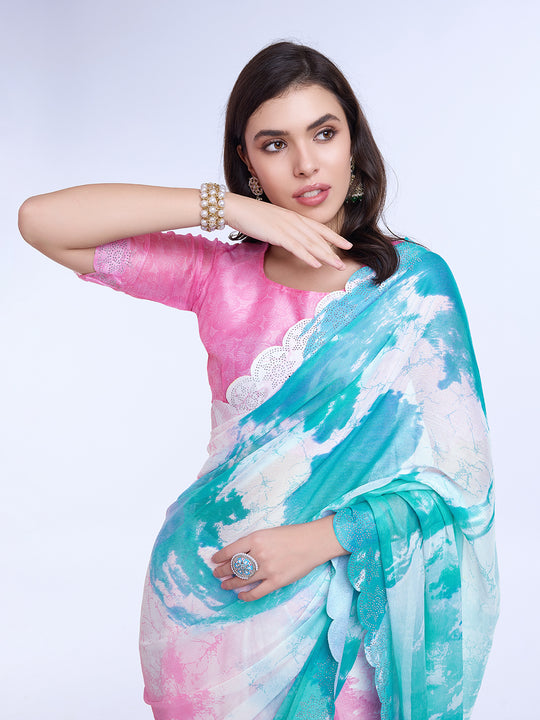 Blue Poly Chiffon Festival Saree With Blouse Piece