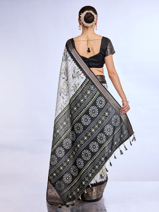 White & Black Dola Silk Saree With Blouse Piece