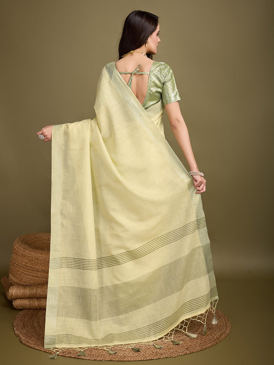 Yellow Linen Blend Daily Wear Saree With Blouse Piece