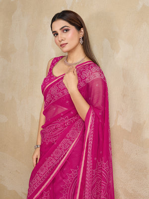 Pure Chiffon Bandhani Printed Saree With Viscose Woven Border And Blouse Piece