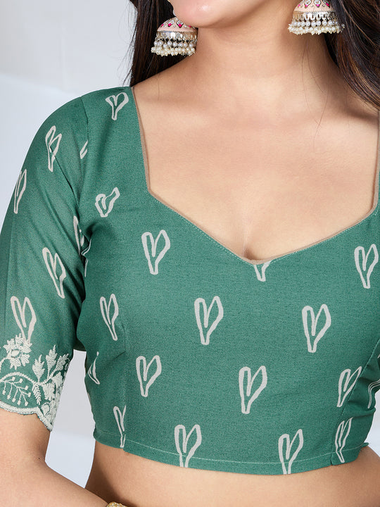 Poly Georgette Geometric Print Saree With Embroidery And Scaloping Work With Unstitched Blouse Piece