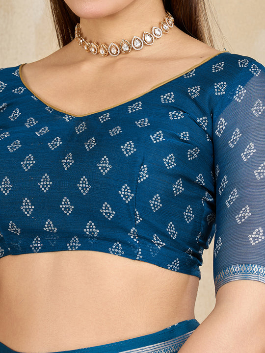 Pure Chiffon Bandhani Printed Saree With Viscose Woven Border And Blouse Piece