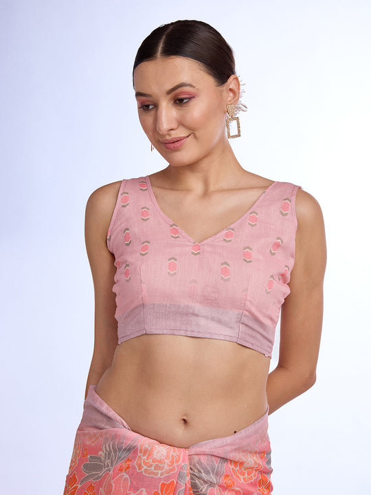 Peach Linen Blend Saree With Blouse Piece