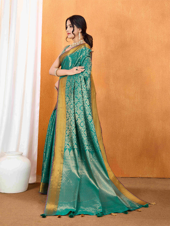 Seagreen Ikkat Woven Kajeevaram Silk Rich Pallu With Blouse Piece