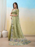 Olive-Green Organza Zari Woven Printed Saree With Hand-Sequence Embellishment Saree With Blouse Piece