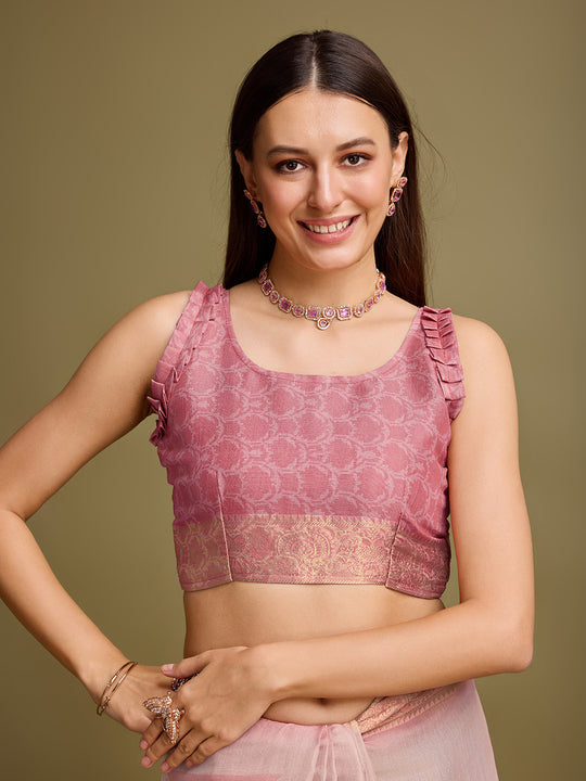 Pink Silk Blend Saree With Blouse Piece