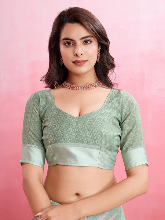 Light Green Silk Georgette Festive Wear Saree With Blouse Piece